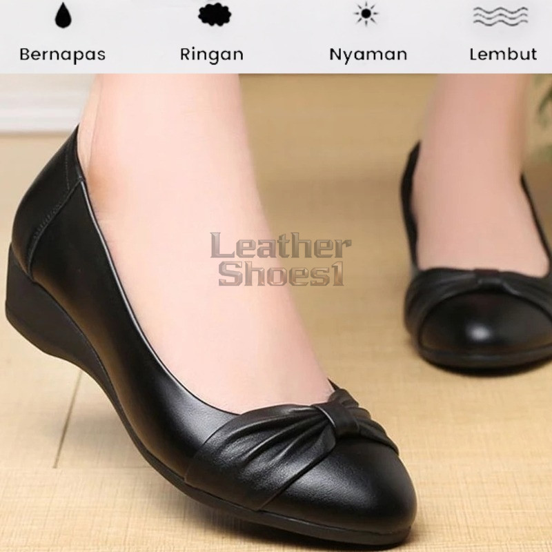 Sepatu Wedges Wanita Sol Karet Sepatu Kerja Wanita Formal Sepatu Flatshoes Kulit