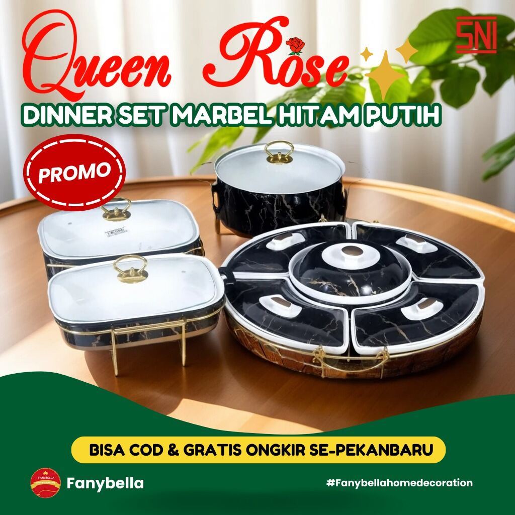 prasmanan QueenRose dinner set keramik marble hitam mewah import alat penyaji makanan