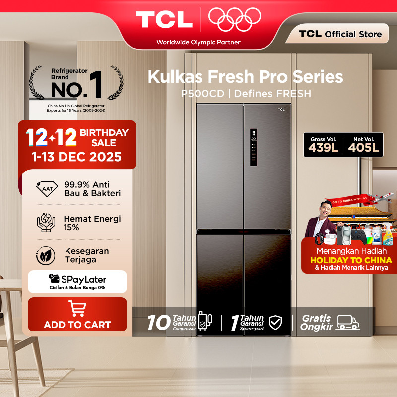 TCL Kulkas 4 Pintu - Kapasitas 439L - Twin Eco Inverter - Tanpa Bunga Es - Lemari Es - P500CD