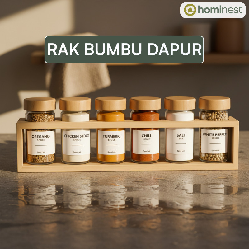 Rak Bumbu Dapur Estetik 6 Botol Kaca Spice Jar Rak Bumbu Kayu Storage Tempat Bumbu Dapur