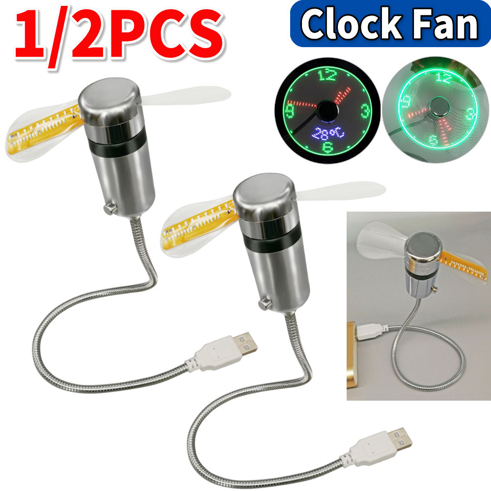 12Pcs Portable Clock Fan Time Temperature Real Time splay 5V USB Powered Metal Mini Fan Flexible for