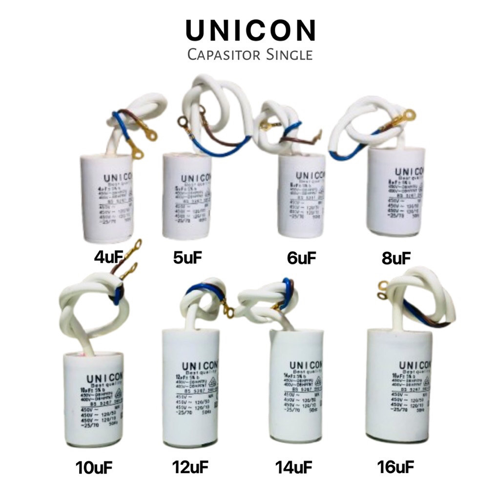 UNICON KAPASITOR BULAT TABUNG 2 KABEL KECIL 4UF 5UF 6UF 8UF 10UF 12UF 14UF 16UF CAPACITOR CAPASITOR 