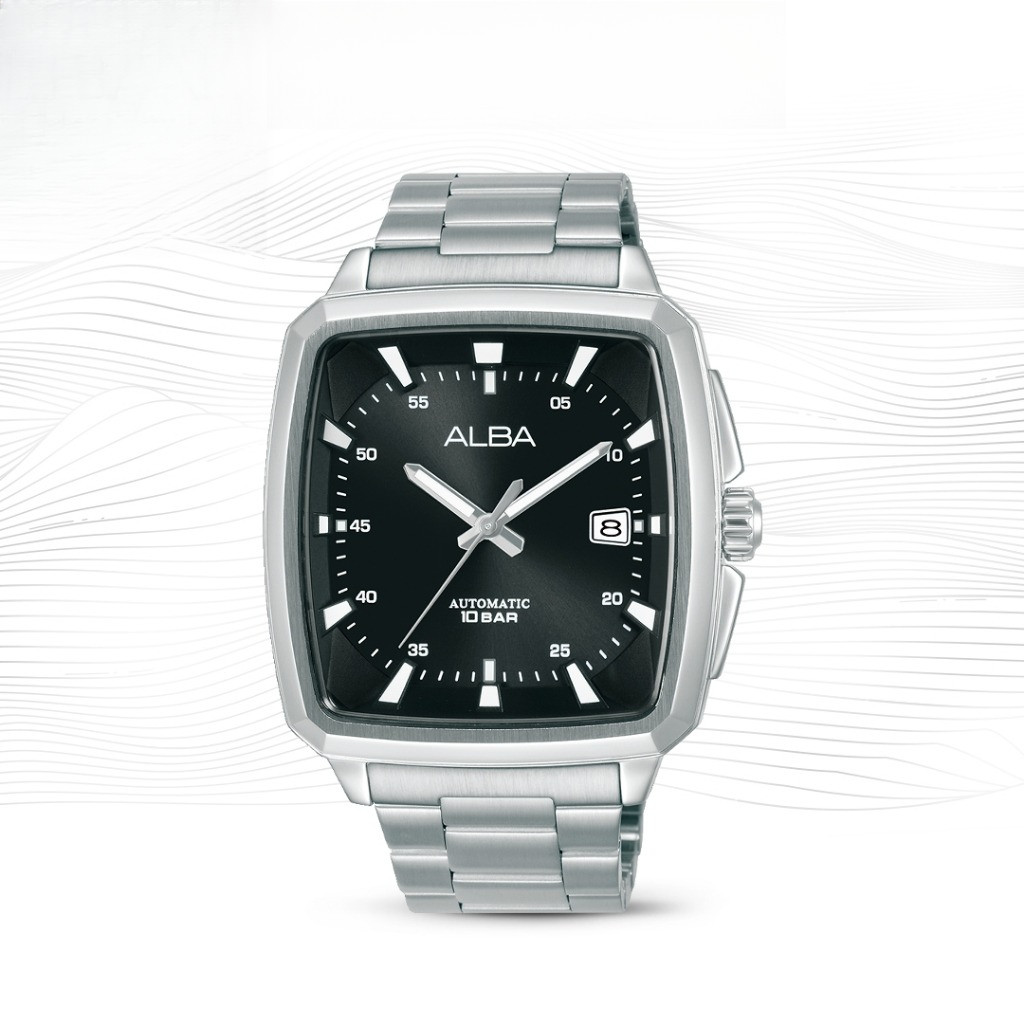 ALBA AU4043 Mechanical Jam Tangan Pria Kotak Automatic Black Dial Stainless Steel Strap Watch