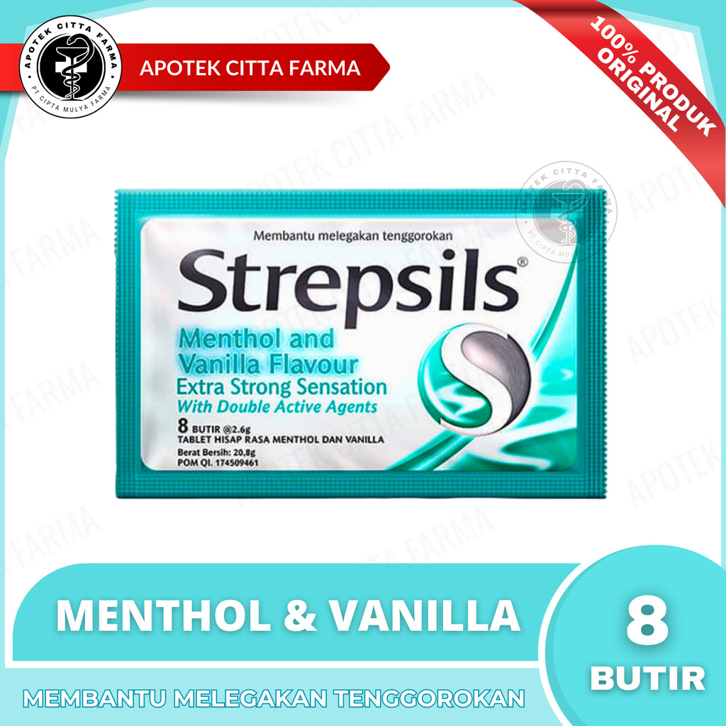 Strepsils Mentol & Vanilla Per 1 Sachet @ 8 Butir Permen - Permen Pelega Tenggorokan / Menyegarkan B