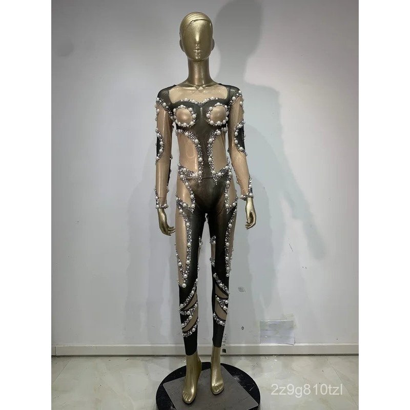 Sparkly Pearl Diamond Mesh Transparent Long Sleeve Jumpsuit Women Celebrate Luxury Birthday Sexy Nig
