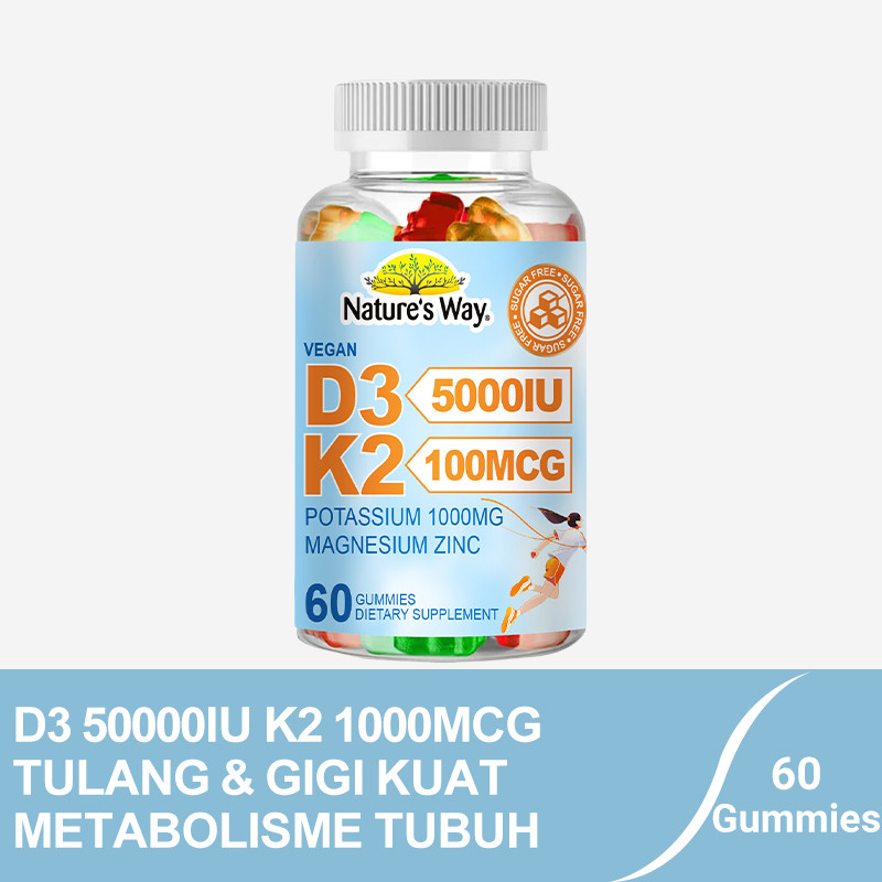 Natures Way Suplemen Vitamin D3 K2 Gummies 60pcs – D3 5000IU + K2 100mcg Diperkaya Magnesium & Zinc,