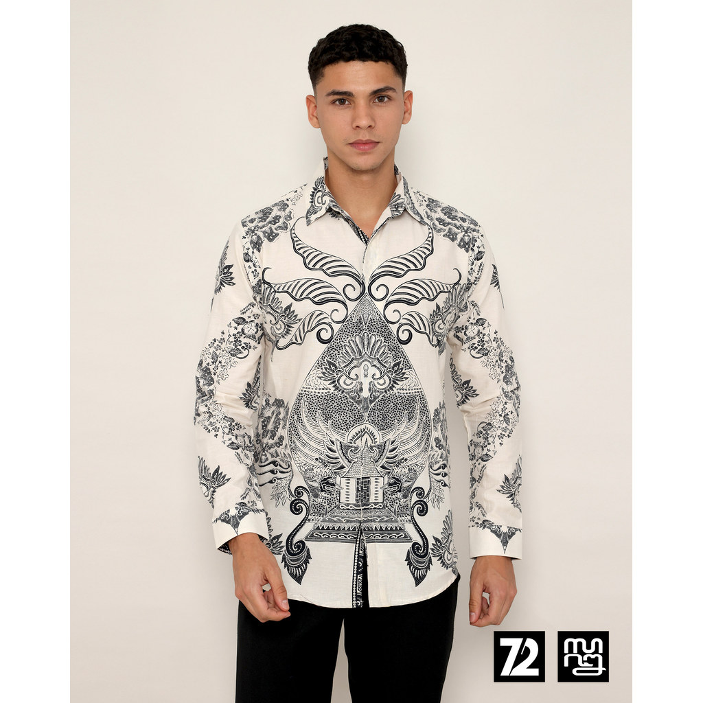 BATIK PRIA LENGAN PANJANG Kemeja Hem Slimfit Premium Motif Gunungan Garuda Monochrome Warna Putih Hi