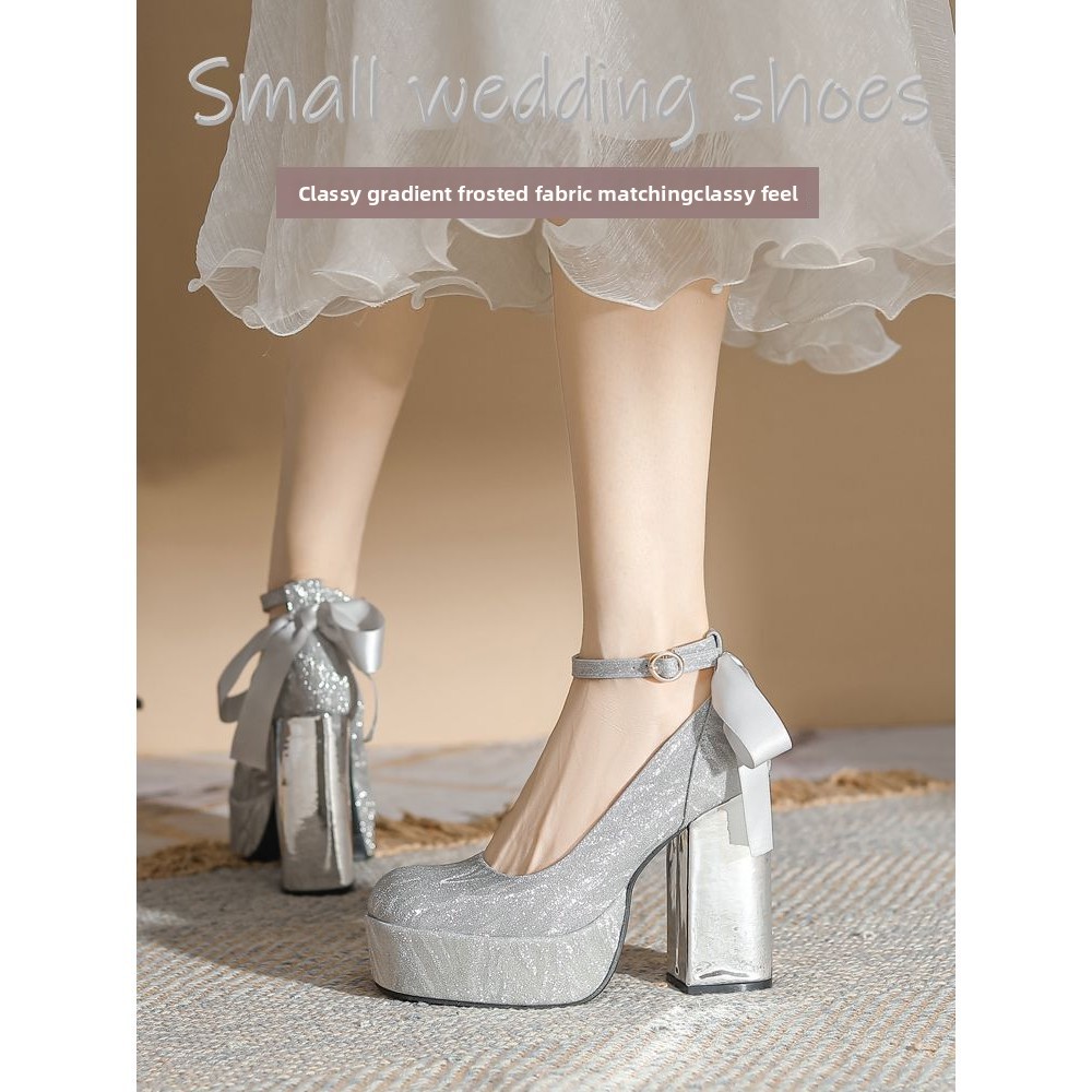 French Style Thick Sole Waterproof Platform French Single Shoes/12CM Silver High Heels Chunky Heel