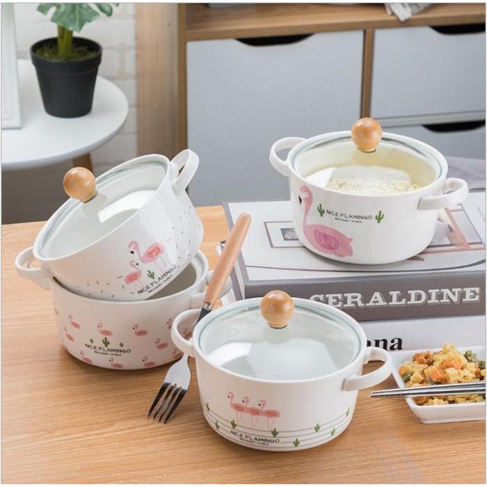 Mangkok Keramik Saji Panci Keramik Ala Korea Kado Unik Plus Tutup Kaca - MANGKOK FLAMING