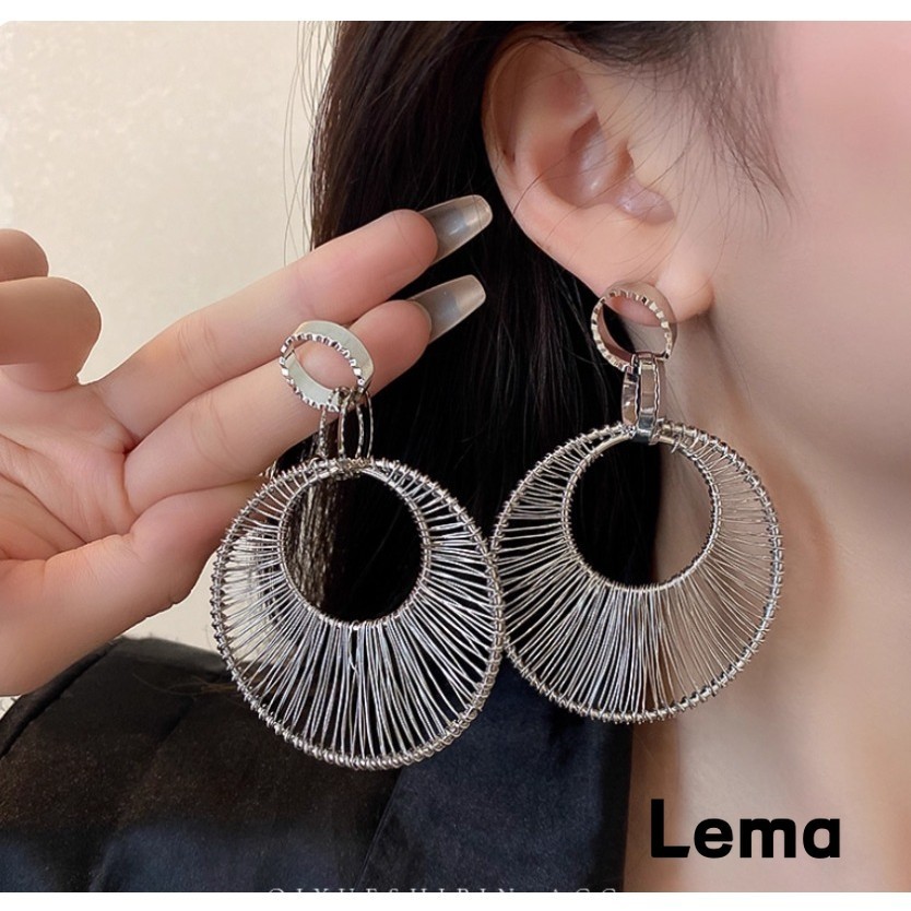 [Lema] anting kancing perak bulat garis terpelintir berlubang desain simpel Q158