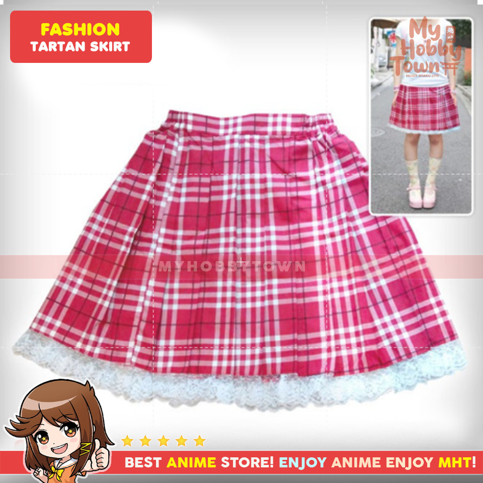 Rok Tartan Kotak-Kotak Merah Renda / Lace