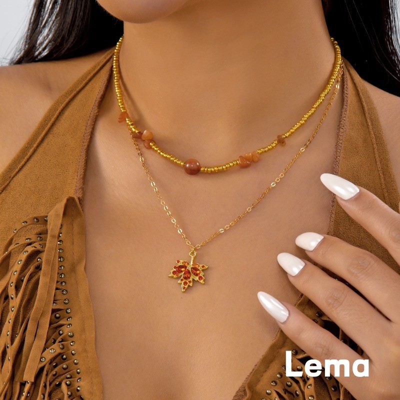 [Lema] Kalung Ganda Gaya Retro Antena Daun Maple Berhias Kristal dengan Manik-manik Kecil & Batu Ker