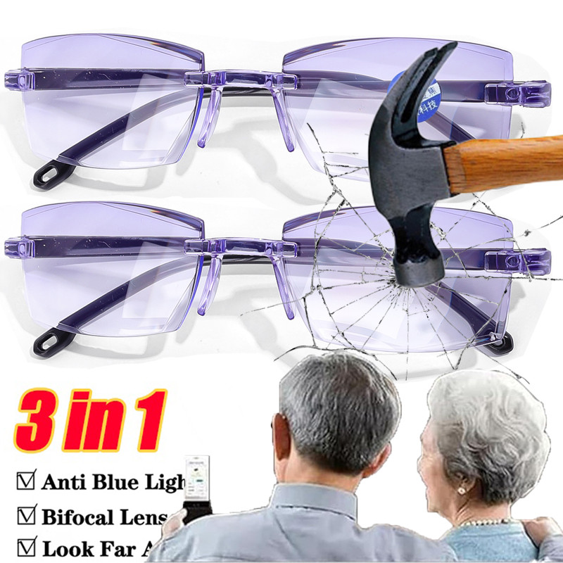 ZEA ANGGRAINI Men Women Rimless Reading Glasses Unisex Anti Blue Light Bifocal Far Near Magnificatio