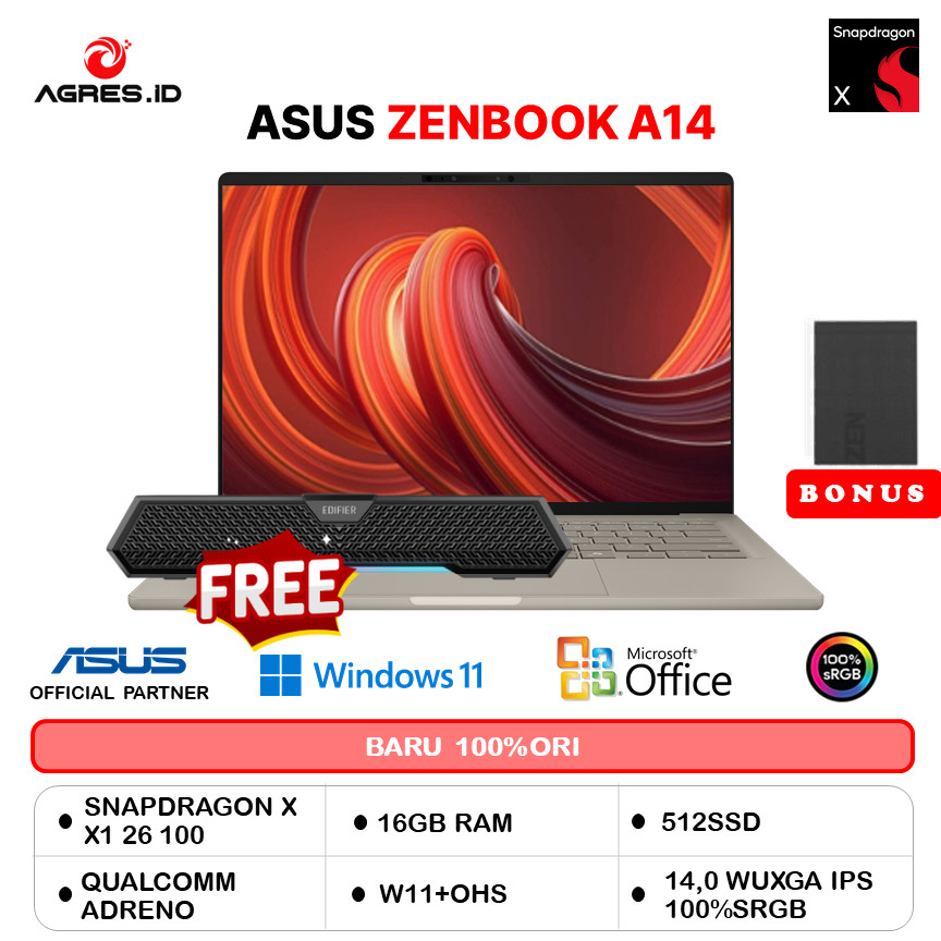 ASUS ZENBOOK A14 UX3407QA SNAPDRAGON X X126100 16GB 512GB W11+OHS+M356 14.0WUXGA IPS GRY -IPSP152M