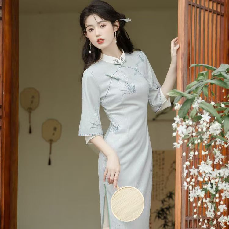 New Chinese Style Republic of China Style Cheongsam Republic of China Style Inverted Long Sleeve Hig