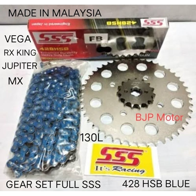 Gear set SSS 428 RX King Jupiter Z MX Vega R F1ZR rantai SSS 428 HSB 130L Biru dipilih ukuran gir de