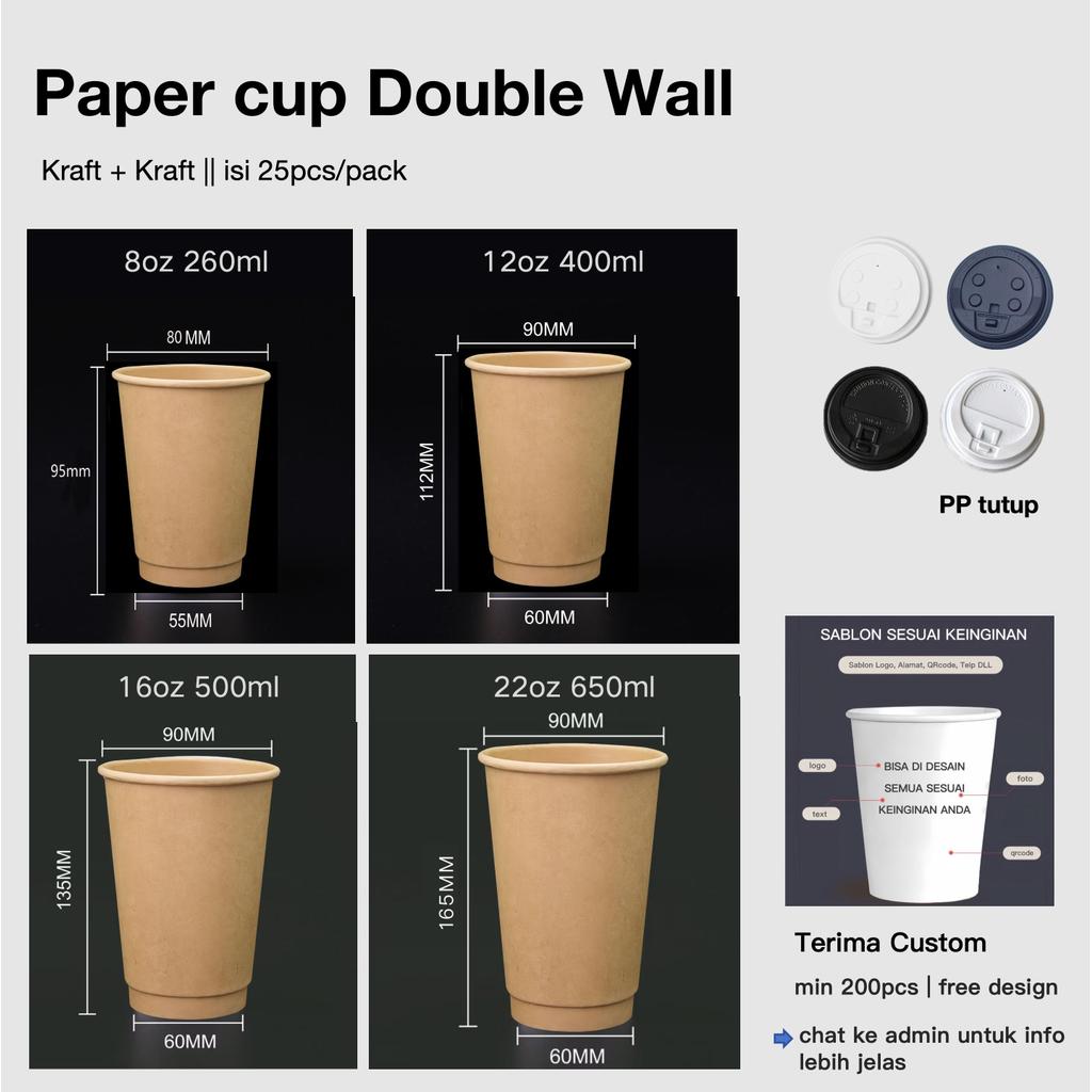 Gelas Kertas Papercup Double Wall Full Kraft 8oz | Papercup Tebal Tahan Panas • Anti Bocor | Cup Kop
