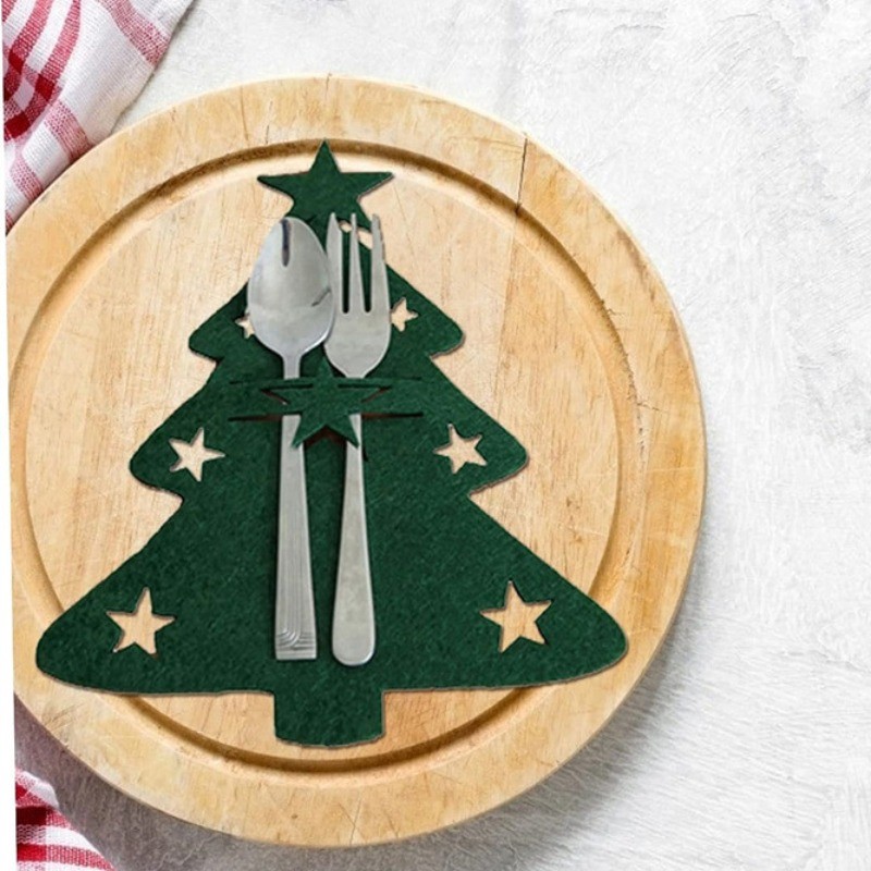 Cutlery Bag 4PCS Christmas Knife and Fork Holder Elk Xmas Tree Pocket Non-woven fabric Cookware Orga