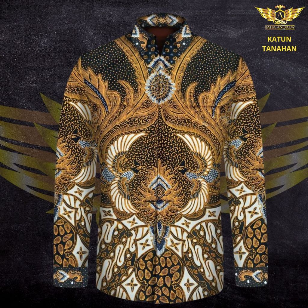 KAIN BATIK TULIS ASLI TANAHAN MOTIF 2 BAHAN KAIN KATUN KEMEJA PRIA POLA BURUNG KEMBAR HITAM KUNING M