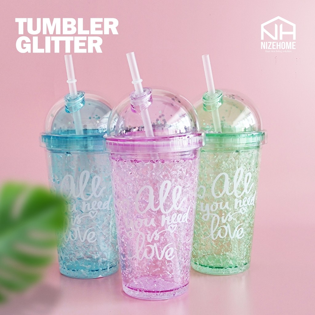 NIZEHOME - Tumbler Glitter Botol Minum Lucu Aesthetic dengan Sedotan Tumbler Transparan 700ml