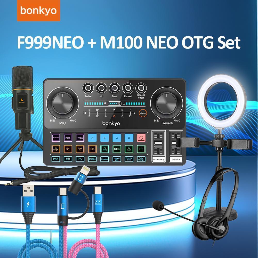 Bonkyo Paket Peralatan Streaming Lengkap: Sound Card F999NEO + Mikrofon M100 NEO + Headset SY449 + K