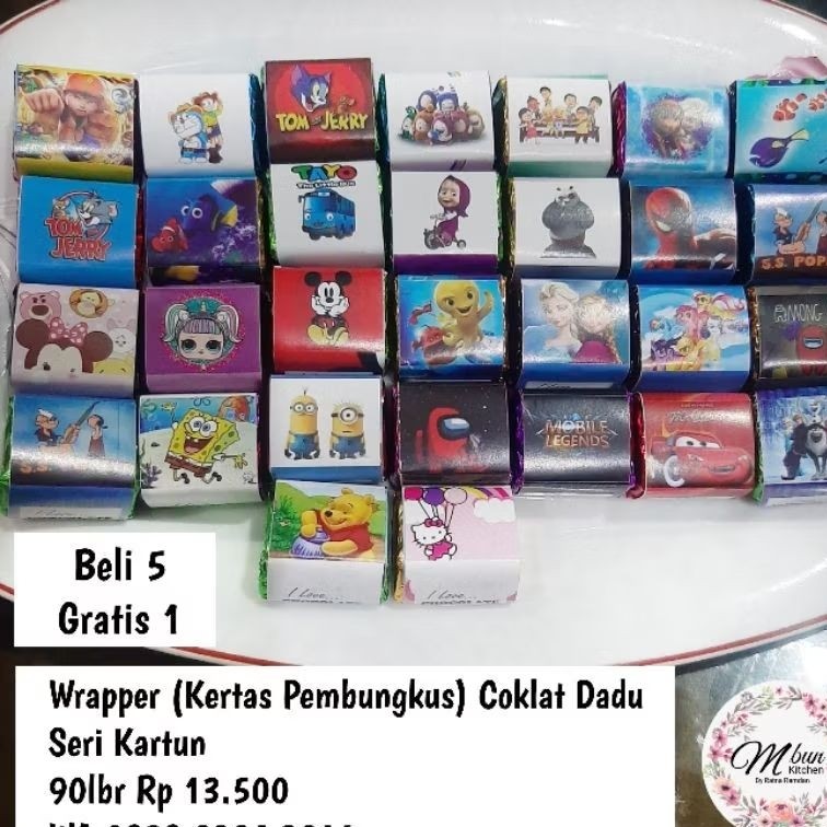 Pembungkus (wrapper)Coklat Dadu beli 5 gratis 1 seri lebaran kartun snack mie instant anak muslim