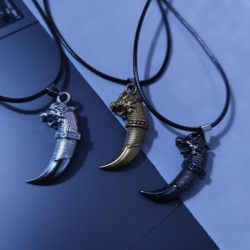 Kalung Tali hitam Liontin Taring Naga 3D Timbul METAL GAUL IMPORT Fashion Pria Wanita Gold Silver Bl