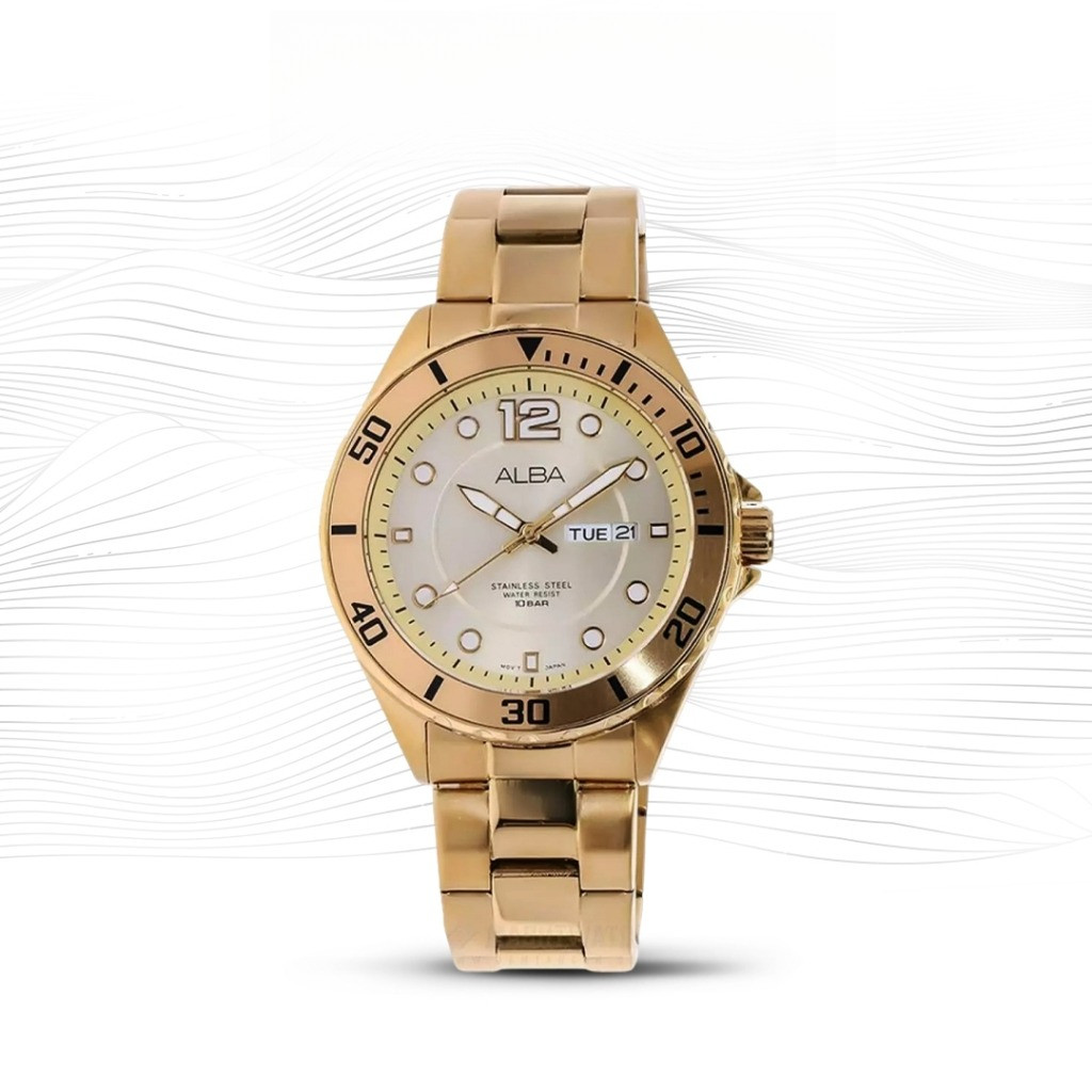ALBA AV3500 Jam Tangan Pria Quartz Gold Dial Stainless Steel Strap Watch