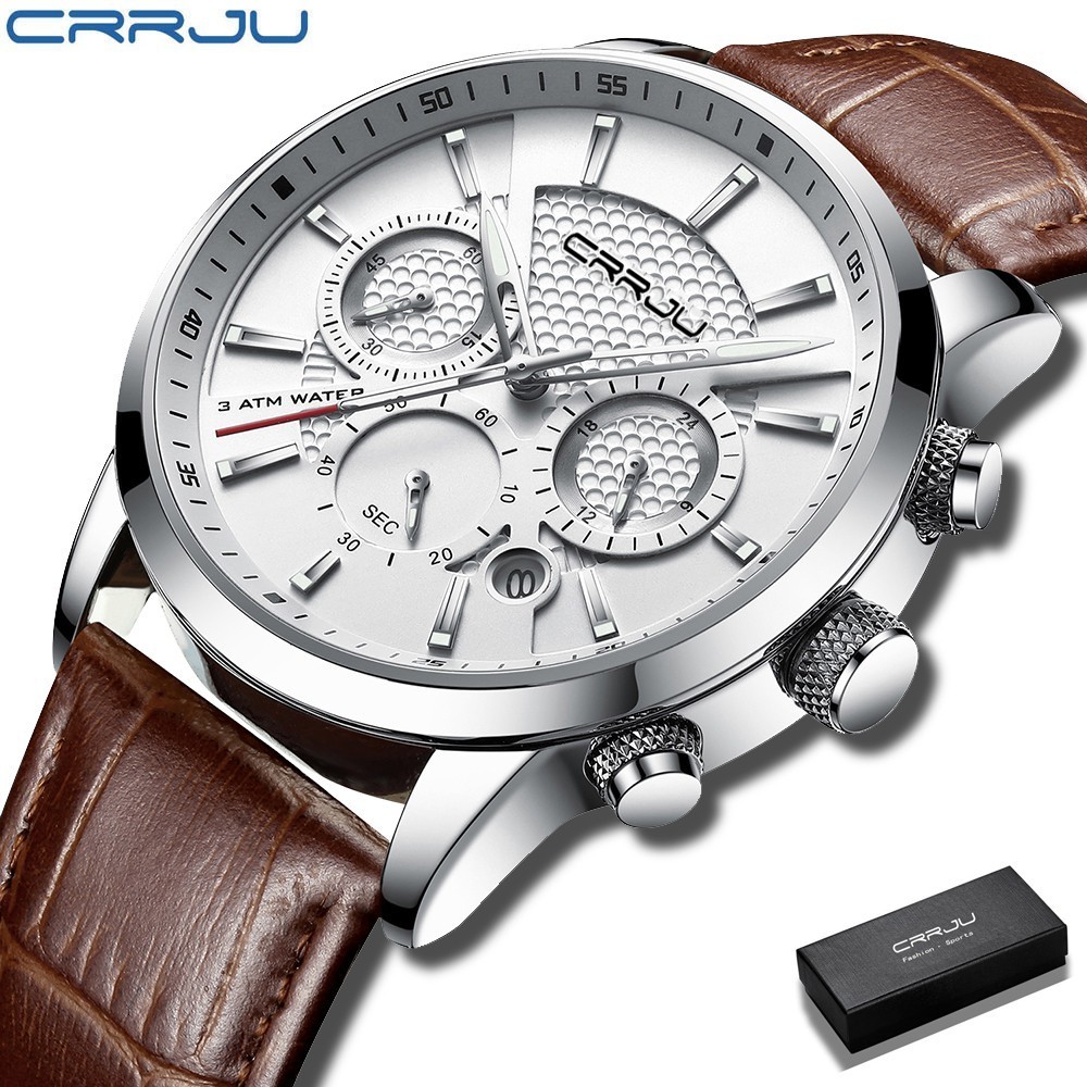CRRJU Leather Quartz Watch Sport Waterproof Date Chronograph Jam Tangan Pria