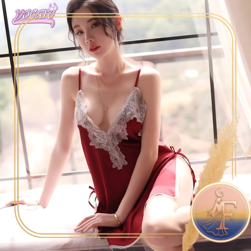Lingerie Seksi Gaun Tidur Suspender Sutra Es Yang Seksi Dada Terbuka V Dalam Berenda 0075