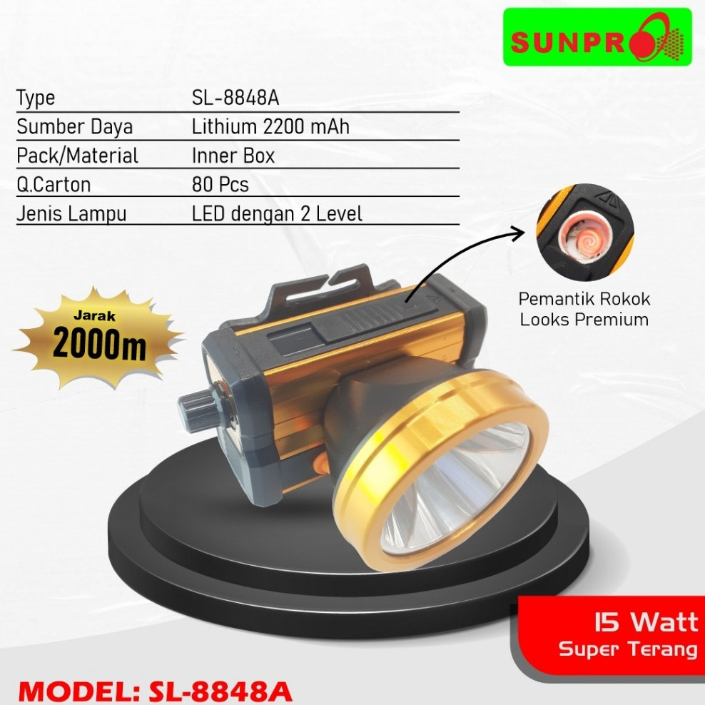 BARU Senter Kepala Sunpro SL-8848A Kuning/Putih 15 Watt Charger bonus Lampu bisa korek Api