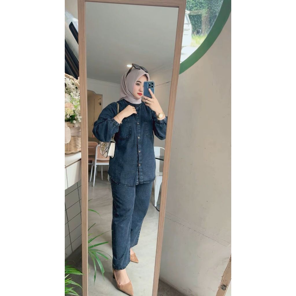 Setelan Almeera Oneset Atasan dan Celana Jeans Terbaru Jumbo Kekinian Setelan Wanita Size XXXL