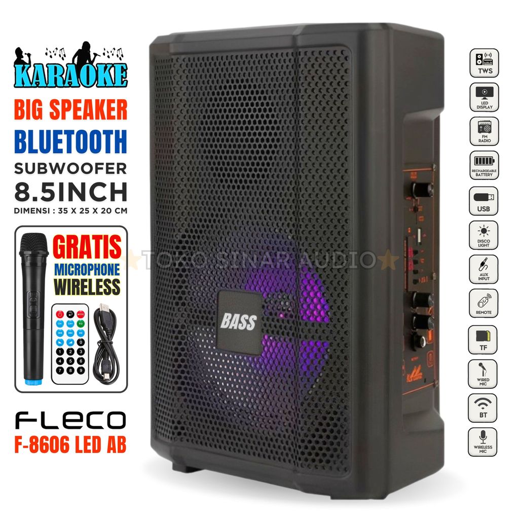 Speaker Aktif Super Bass Bluetooth Karaoke FLECO F-8606 LED AB GRATIS MIC WIRELESS Karaoke Speaker B