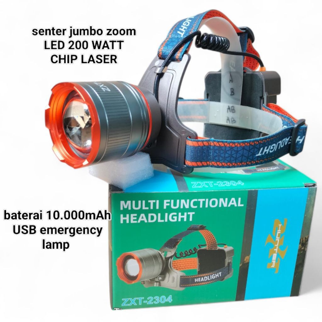 MURAH senter kapala zoom ZXT HUNTER multifungsi 200watt ZXT-2304 LED CHIP LASER baterai 10.000mAh ta