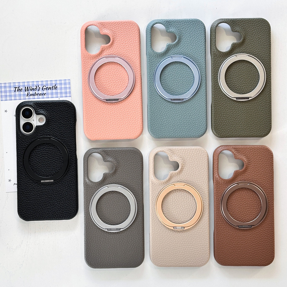 Aluminium Alloy Rotating Stand Litchi Pattern Kulit Phone Case untuk iPhone 17 Pro Max 17Air 16E 16P
