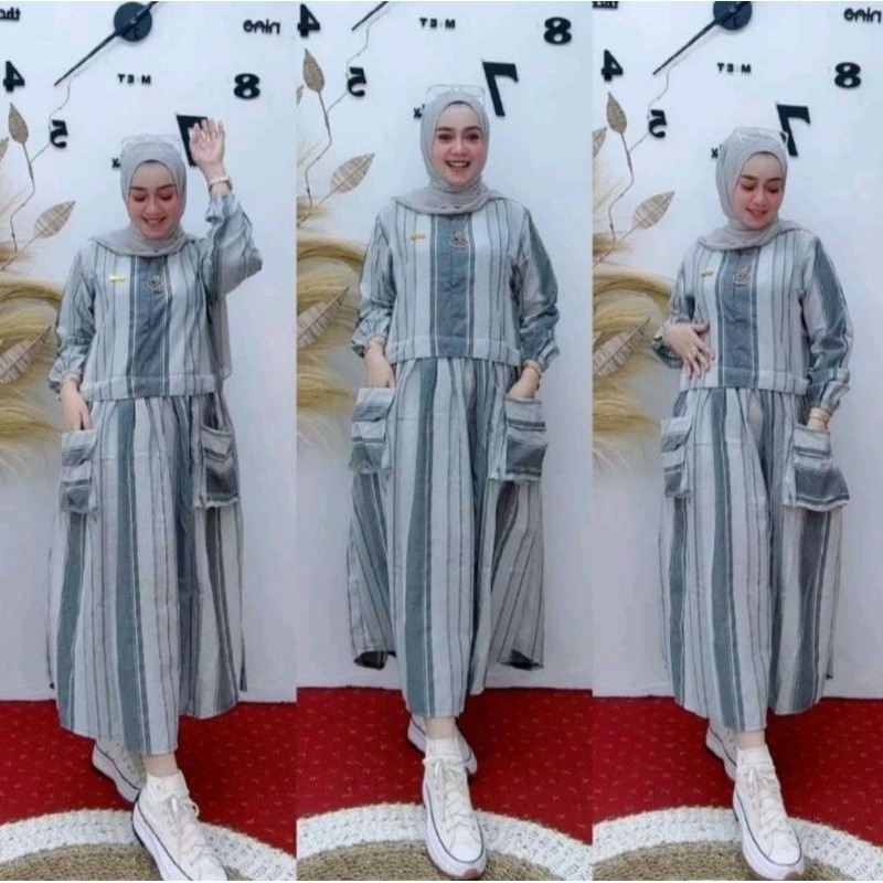 Korina Midi Dress Katun Motif Garis Nyaman L-XL