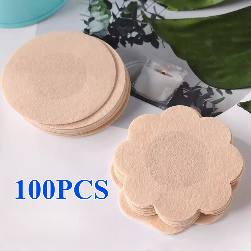 Penutup Puting Sticker Satin Non-Woven 100 Pcs Warna Krem Bentuk Bulat dan Bunga