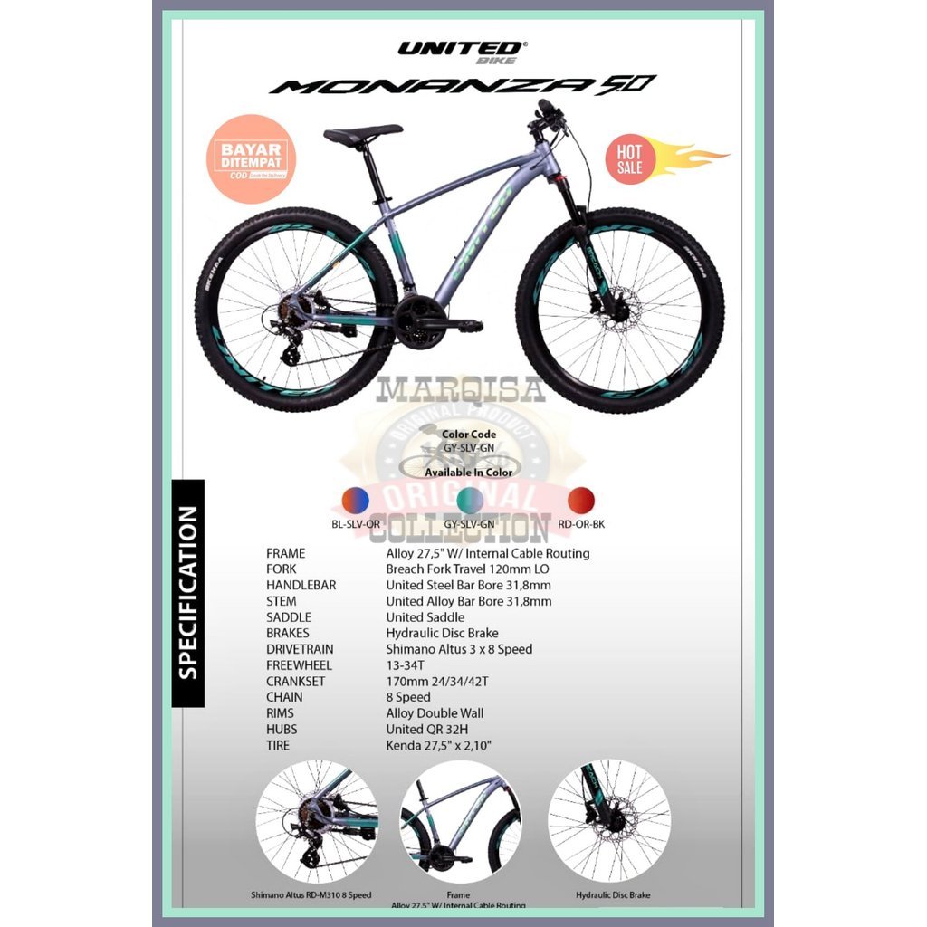 Sepeda Gunung MTB 27,5 Inch United Monanza 5.0 Alloy 3x8 Speed Hidrolik Disc Brake Remaja Dewasa Pro
