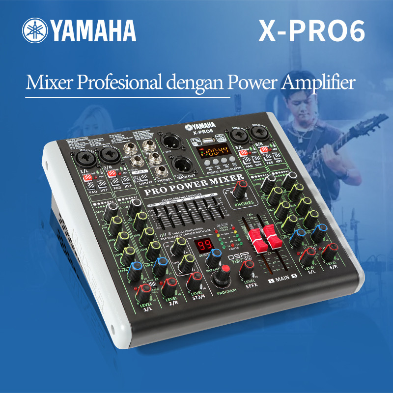 mixer power amplifier yamaha/X-PRO6 power mixer 8 Ohm 750 wattx2, 7 jalur equalizer,Bluetooth,99 DSP