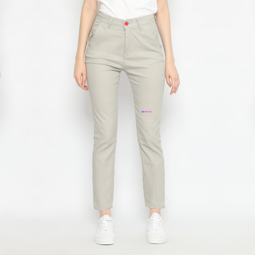 DENIM Straight High Waist Chinos Celana Panjang Wanita Katun Premium Hitam Sand Putih Plumeria