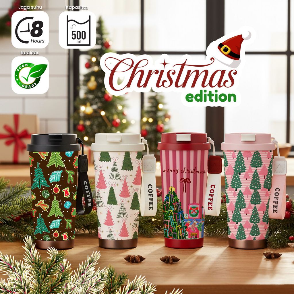 Tumbler Stainless Botol Minum Natal Estetis 500ml dengan Desain Ceria, Terbuat dari Baja Tahan Karat
