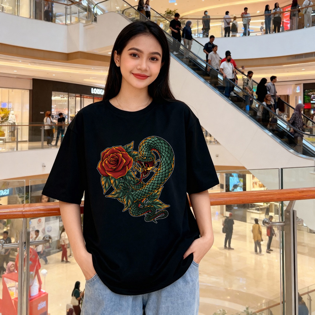 Kaos Oversize Wanita Snake Rose Tattoo Art Tongue Nyaman, Kekinian, dan Edisi Terbatas Cotton 210 GS