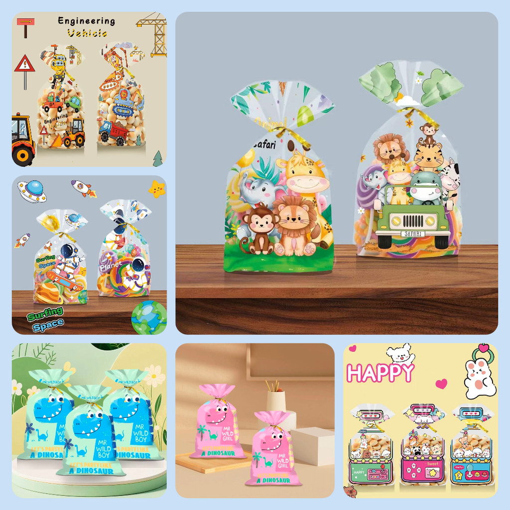 OPP PLASTIK 25X40 PLASTIK KEMASAN SNACK CIKI CIKI KADO ULANG TAHUN ANAK ASTRONOT BEKO EXCAVATOR DINO