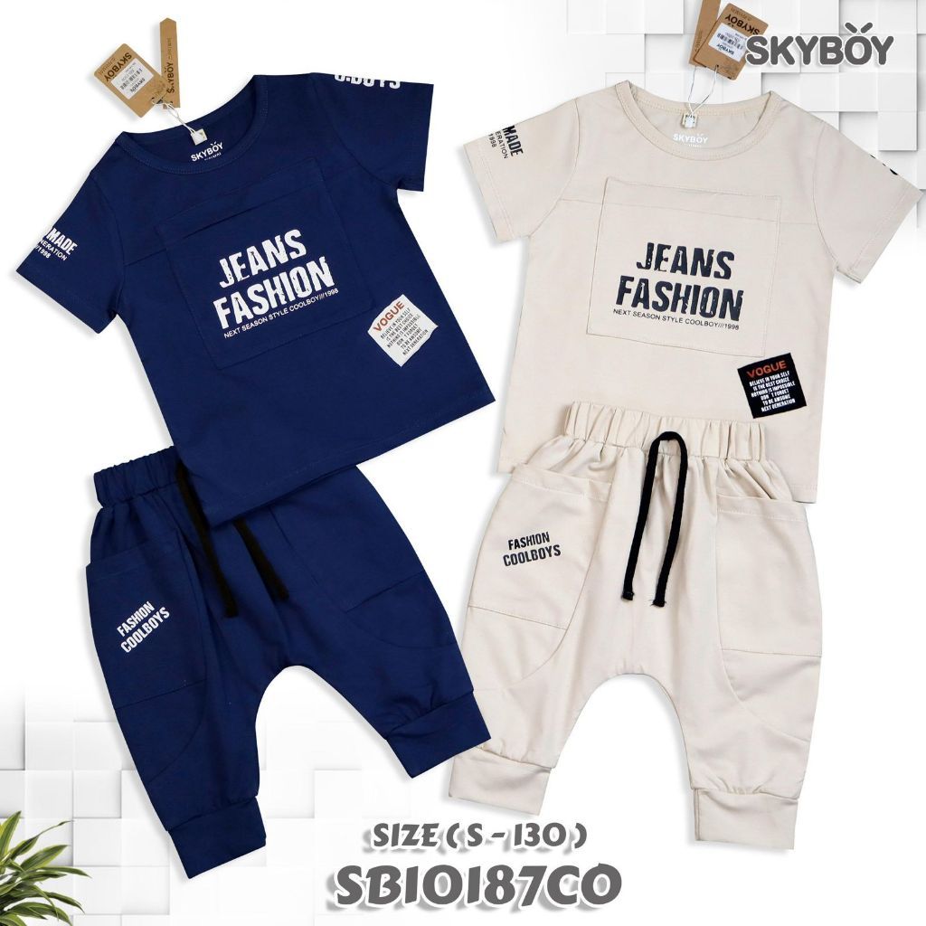 IB KIDS [COD TANPA CEK DULU] SB-10187 SETELAN KAOS ANAK COWO CELANA JOGER S-130 (NAVY-KREM)