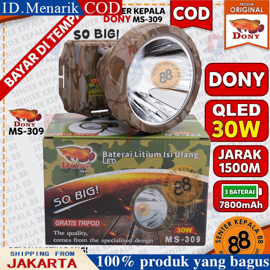DONY  Senter Kepala Cas / MS 309 / SOBIG 30 W 30 WATT / QLED LED T6 / Super Terang / Murah Senter Ke