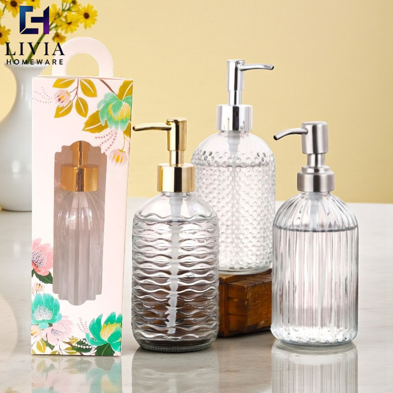 Botol Dispenser Kaca 450ml Box Souvenir  Botol Sabun Botol Kristal Shampo Botol Pump Sabun Motif