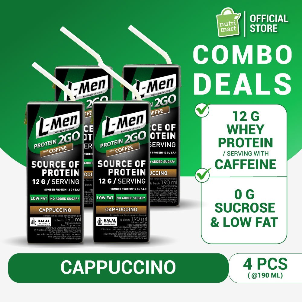 4 Packs - L-Men UHT Protein 2GO Coffee 190ml  - 12 Gram Whey Protein - Dilengkapi L-Carnitine & Rend