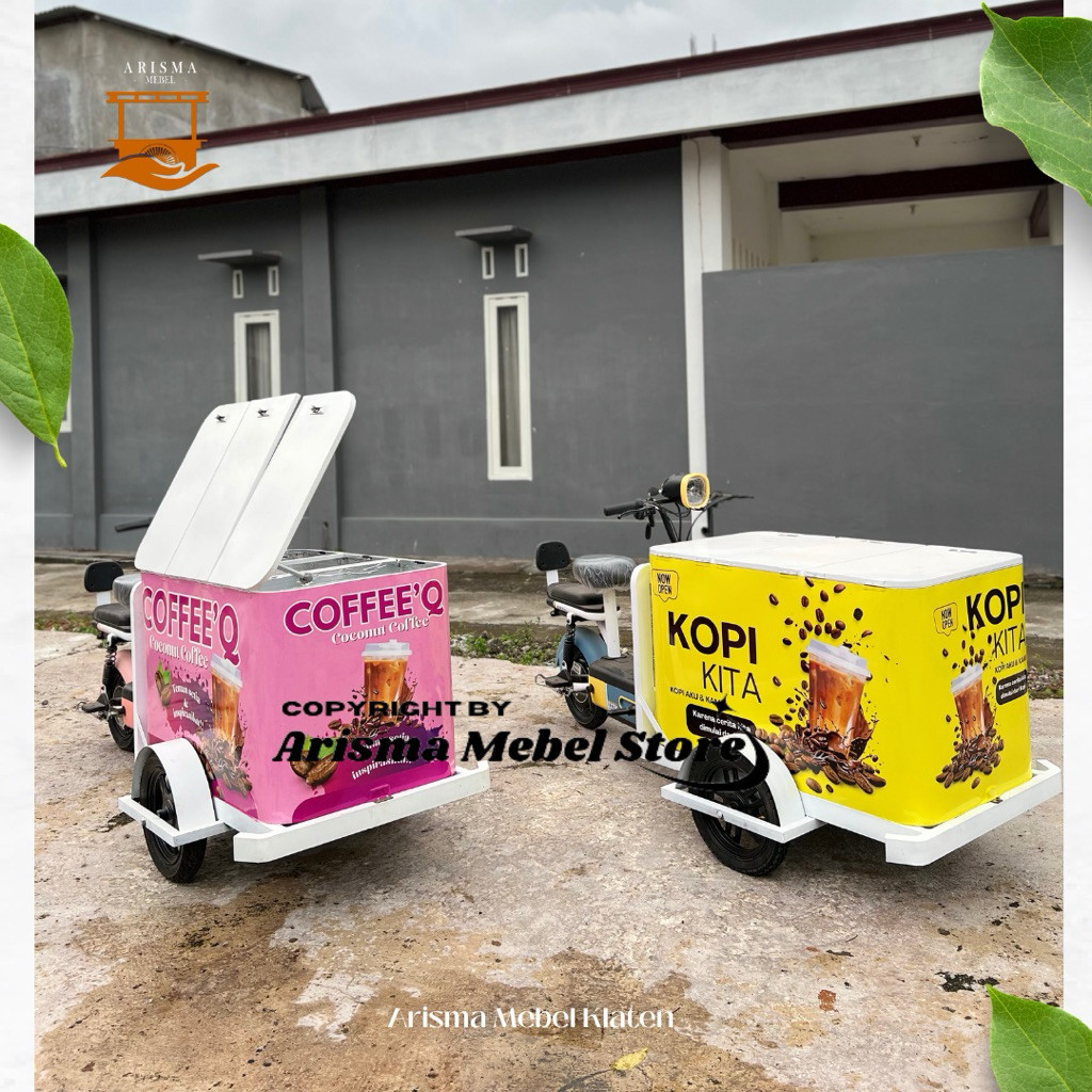 Arisma Gerobak Sepeda Listrik, gerobak kopi keliling, gerobak kopi sepeda listrik, gerobak kopi list