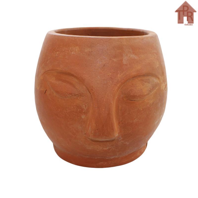 Terakota Pot Wajah Bulat D20  Dengan Lubang Drainase Tanah Liat Natural Ukuran 18cm x 20cm
