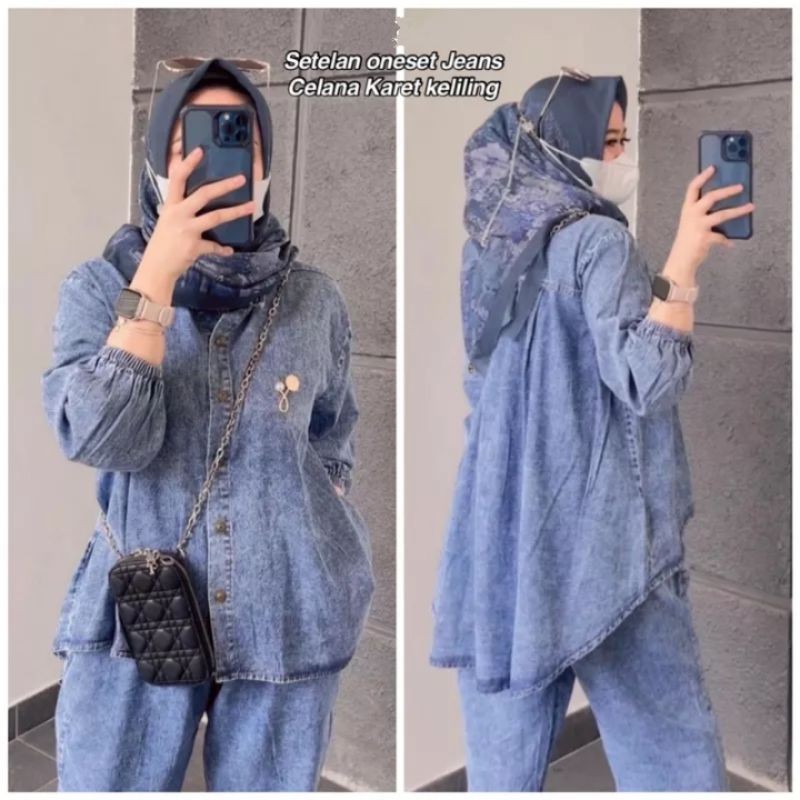 SETELAN JEANS LEBARAN WANITA ONESET PINGUIN SETCEL PREMIUM RAMADHAN SALE